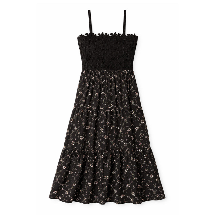 Black Lace Bodice Floral Maxi Dress