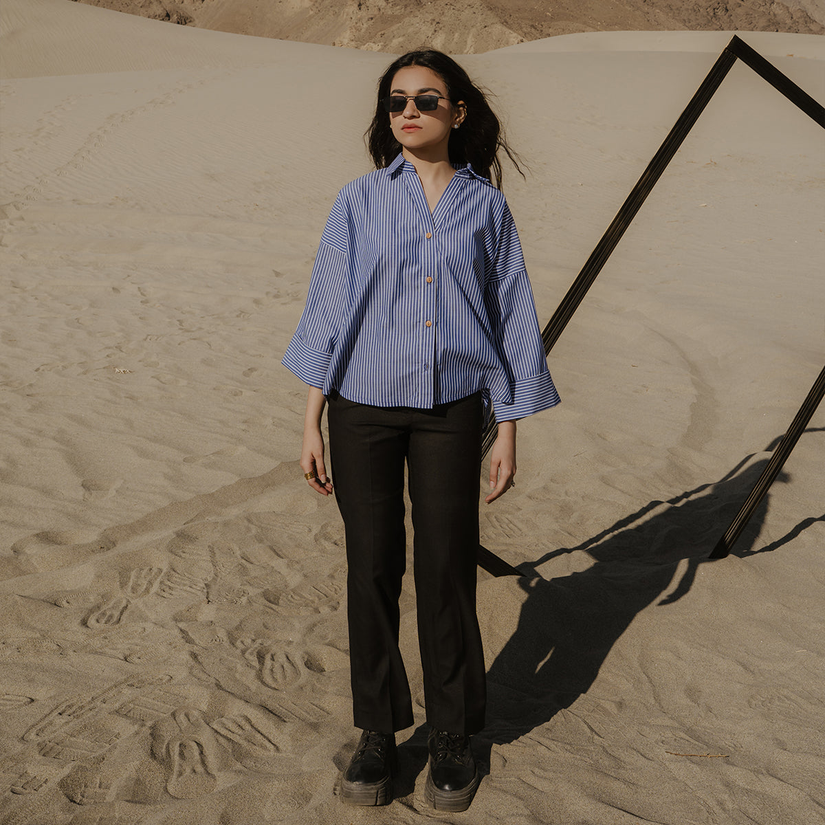 Blue Stripe Oversized Shirt with Wide Cuffs
