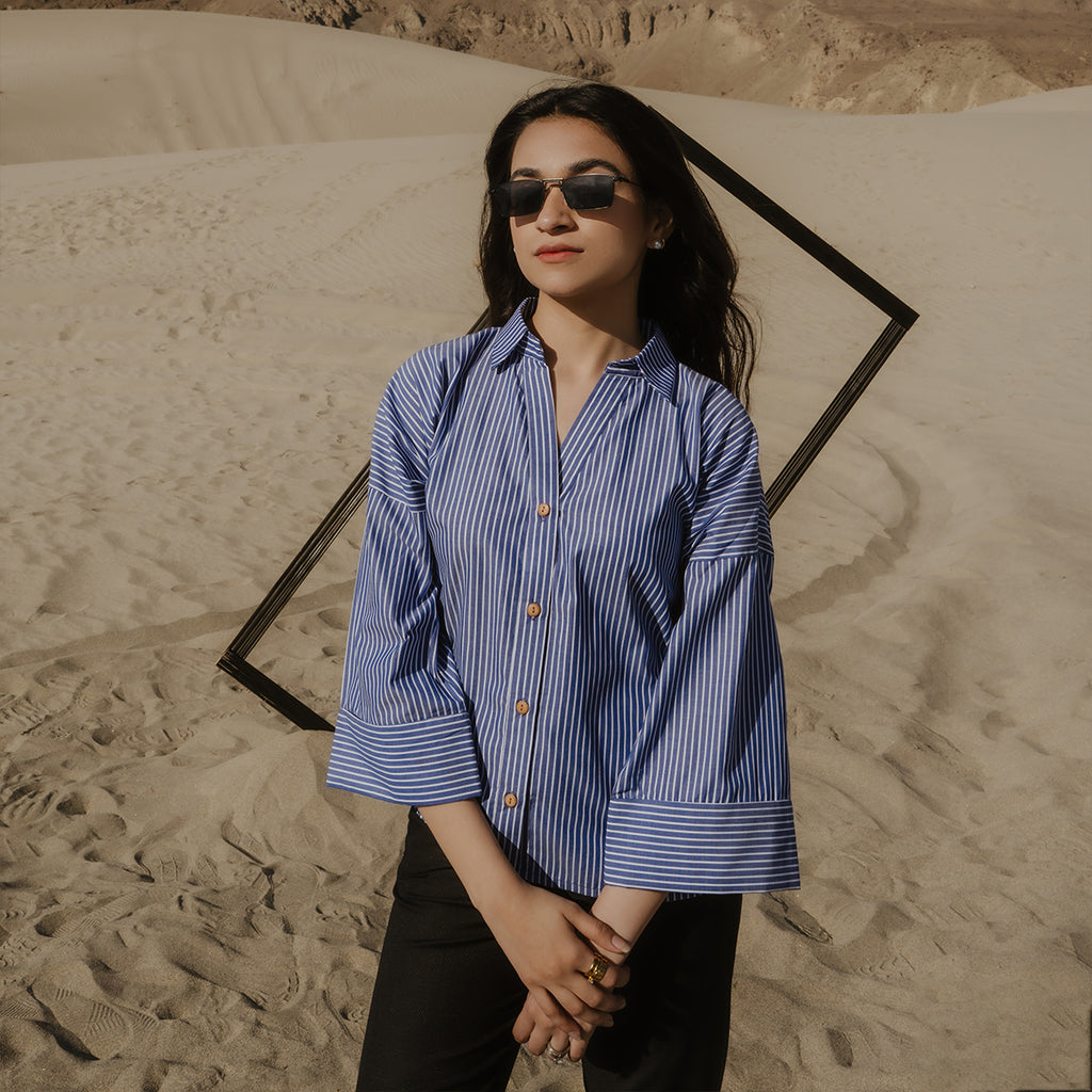 Blue Stripe Oversized Shirt with Wide Cuffs