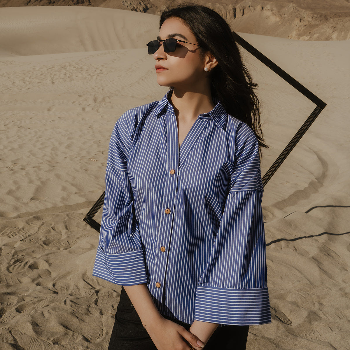 Blue Stripe Oversized Shirt with Wide Cuffs